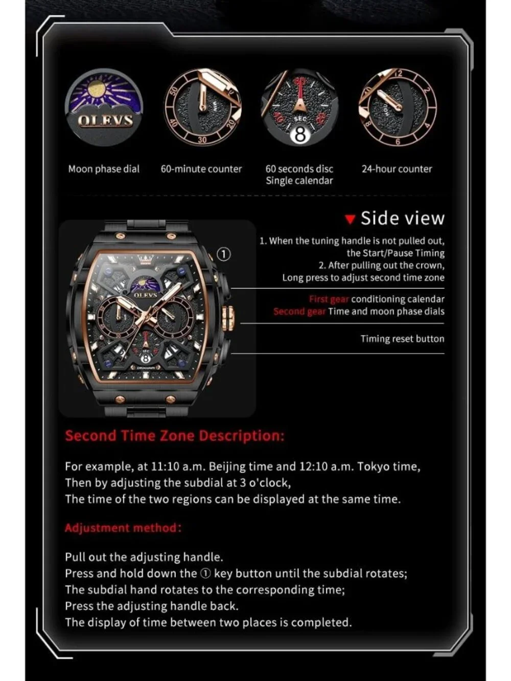 Men's Black Chronograph Big Square Analog Stainless Steel Date Wrist Watch
